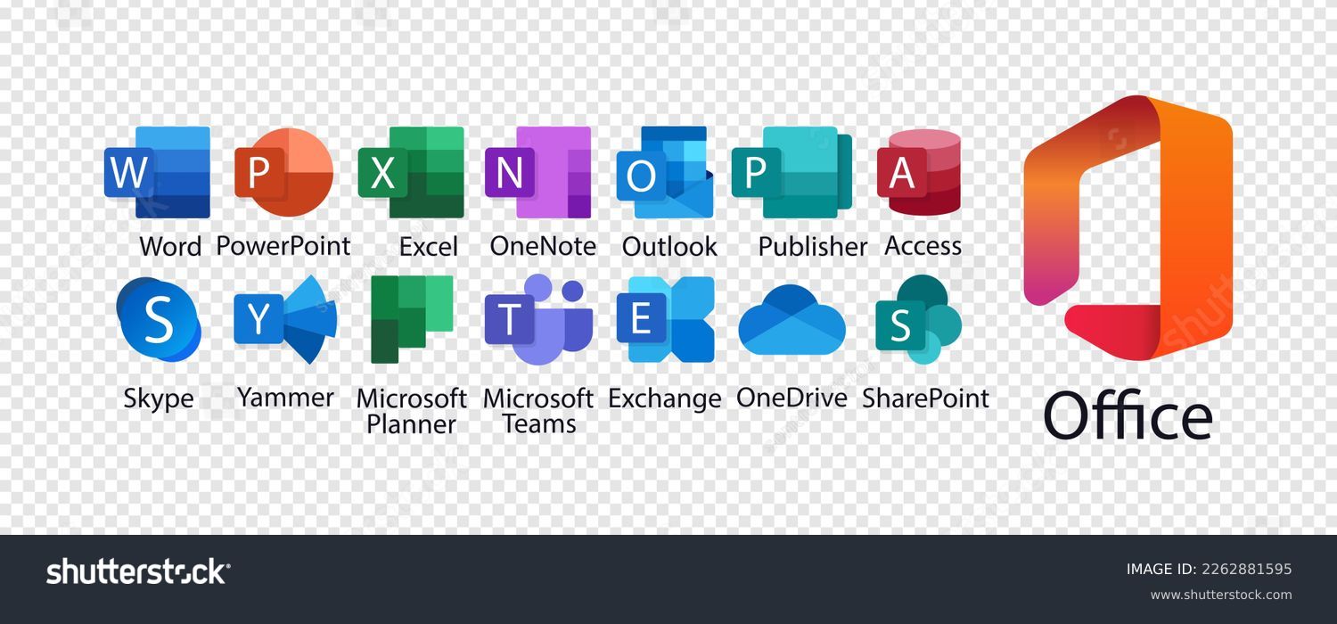 Microsoft Office 365: Excel, PowerPoint, Publisher, Sway, Outlook, SharePoint, Access, Exchange, Word, Yammer, OneDrive, Teams, Skype, OneNote, Yammer. Editorial vector Editorial Stock Vector