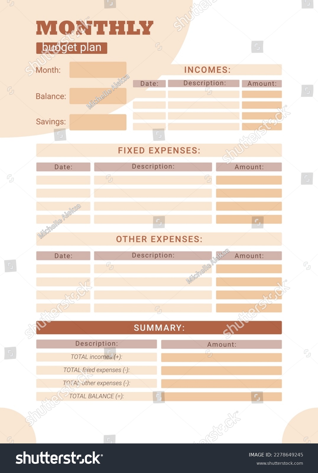 Printable Personal Monthly Budget Planner Vector Stock Vector (Royalty