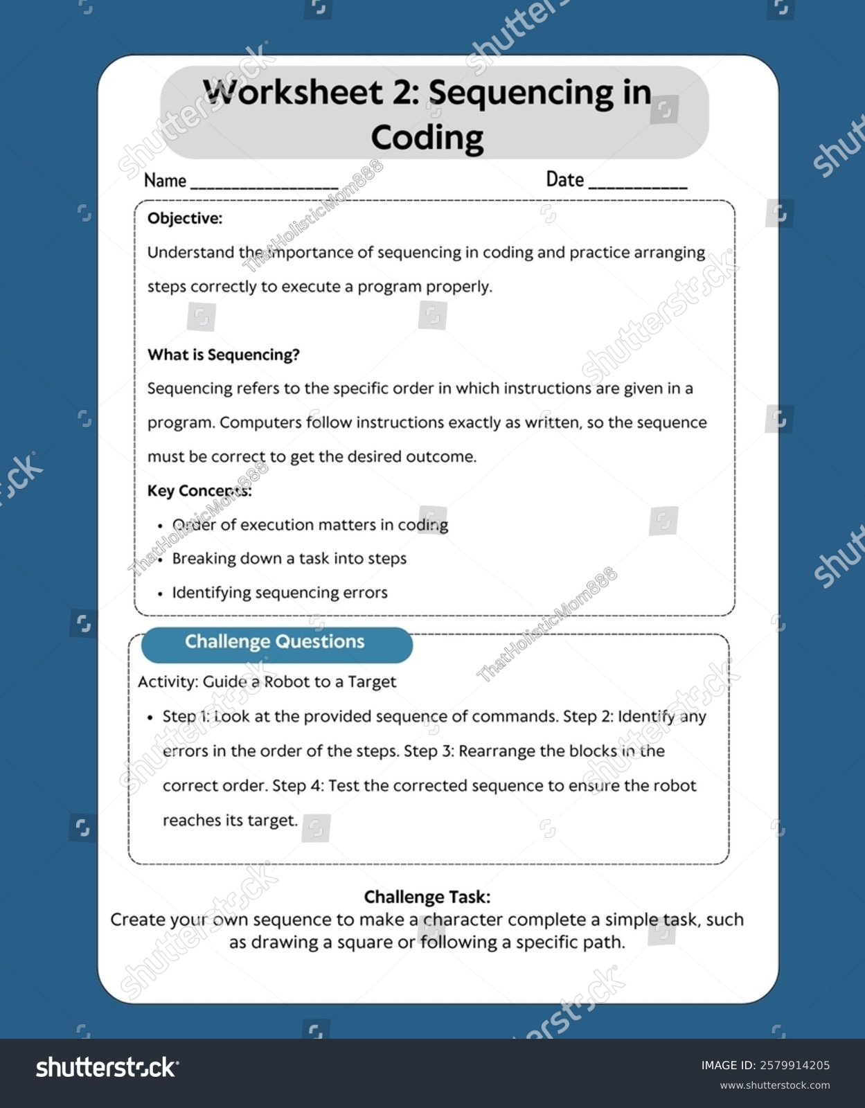 Educational Worksheet Titled Sequencing Coding Designed Stock ...
