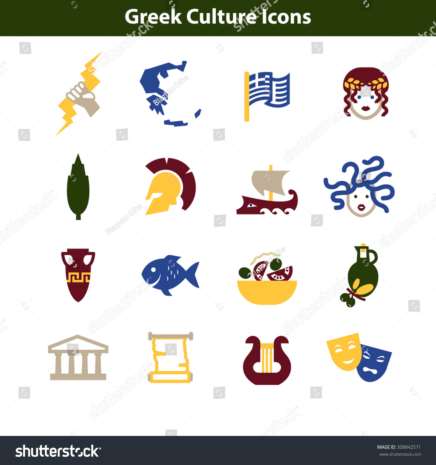 Greek Culture Icons Colorful Historical Art Stock Vector (Royalty Free)  308842571 | Shutterstock