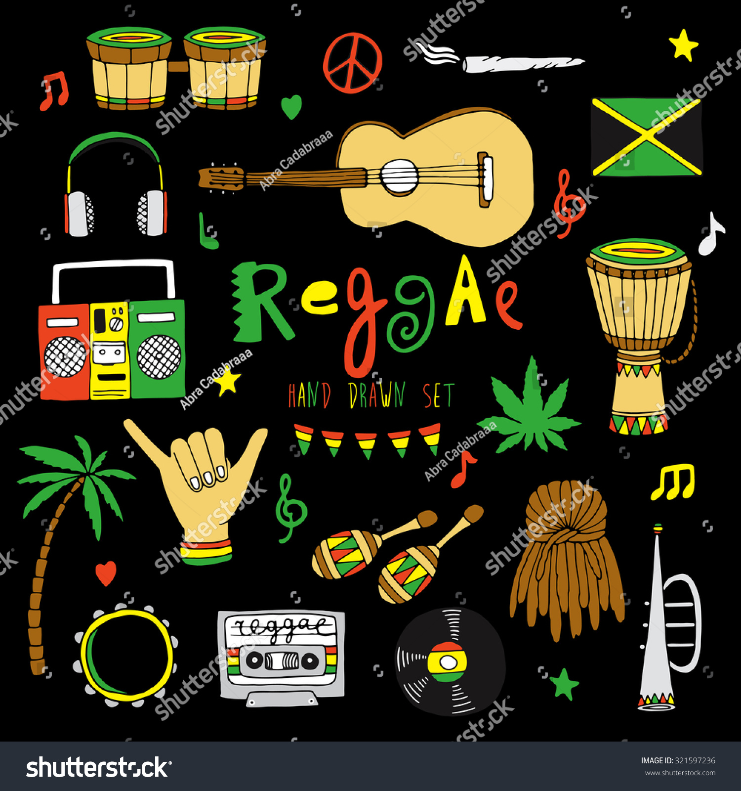 Reggae Musical Instrument Rastafarian Elements Collection: vetor stock