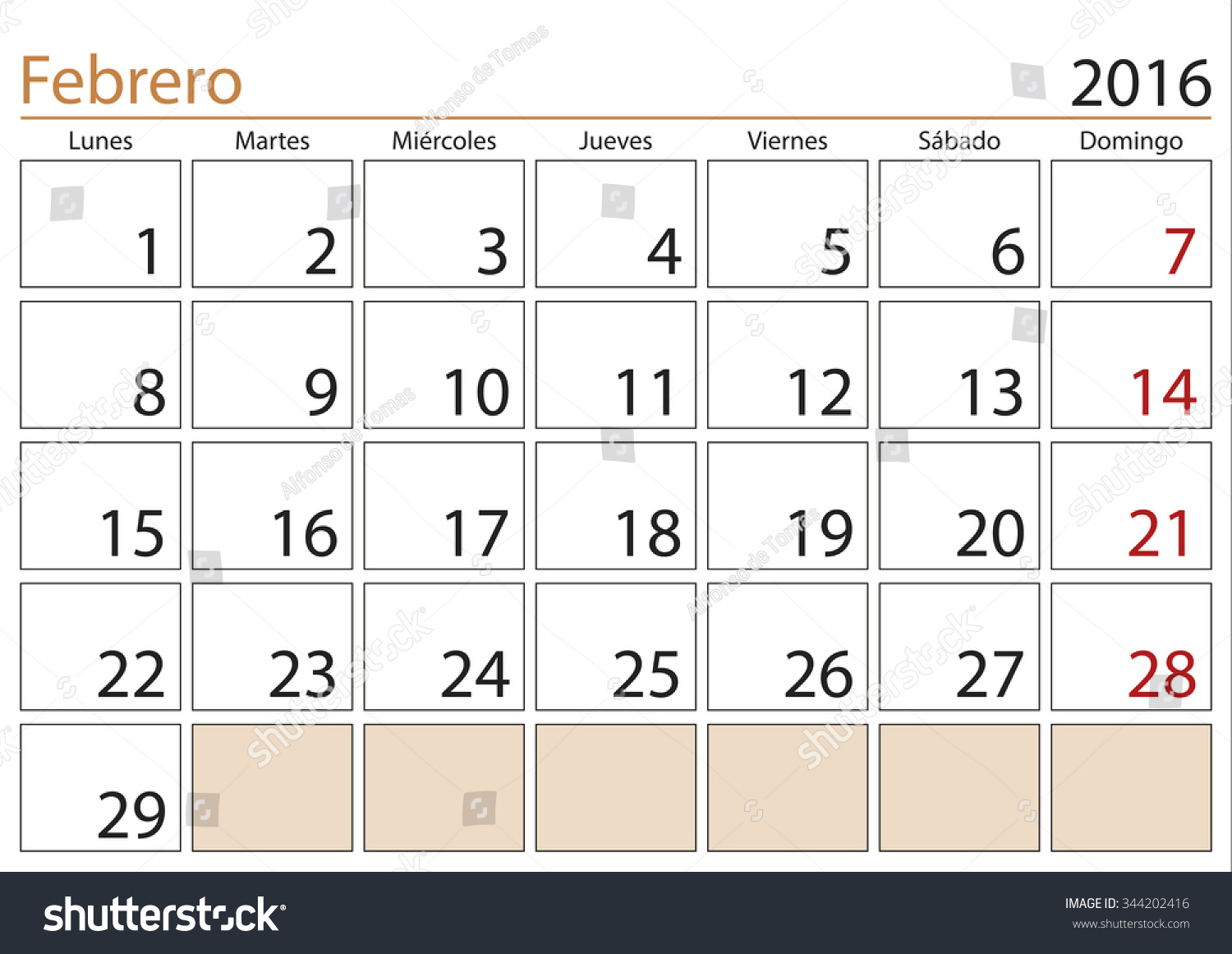 February Month Year 2016 Calendar Spanish Stock Vector (Royalty Free)  344202416 | Shutterstock