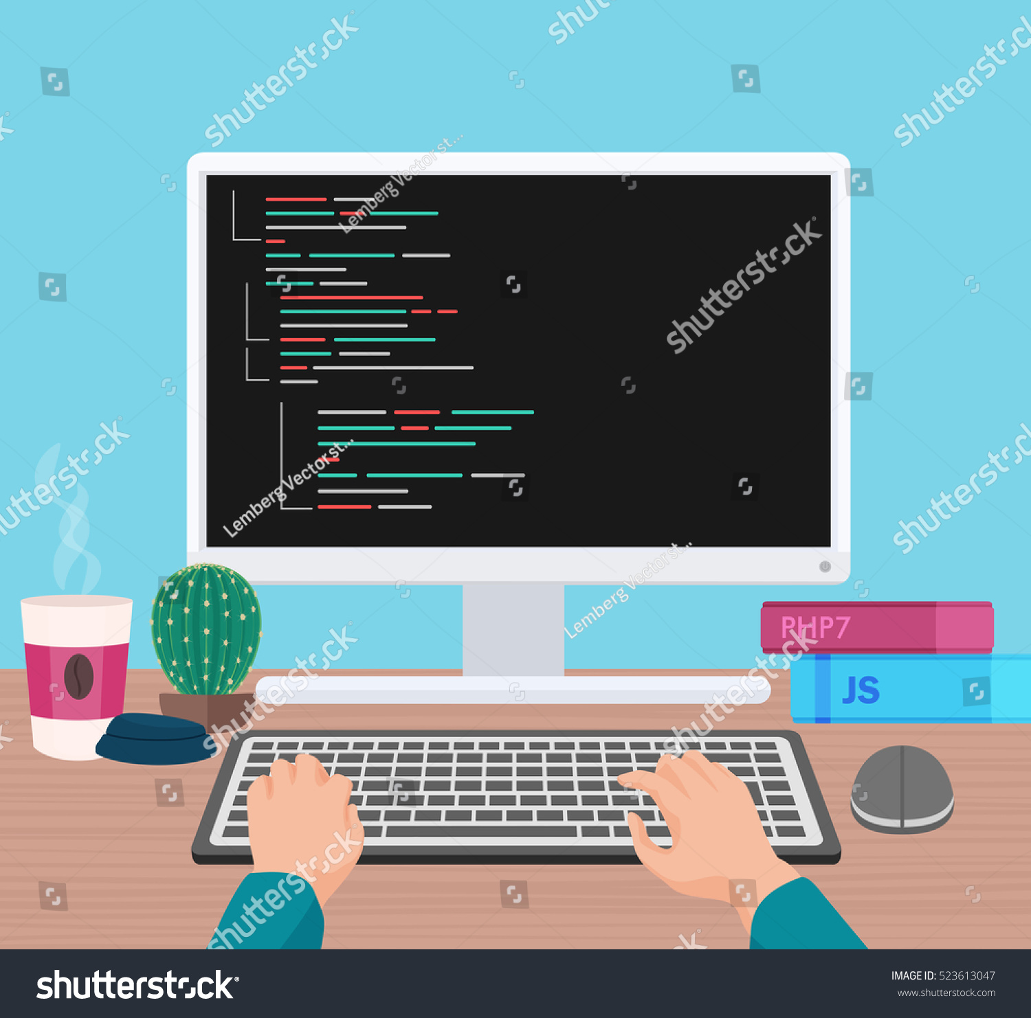 Man Programmer Hands Working On His Stock Vector (Royalty Free ...