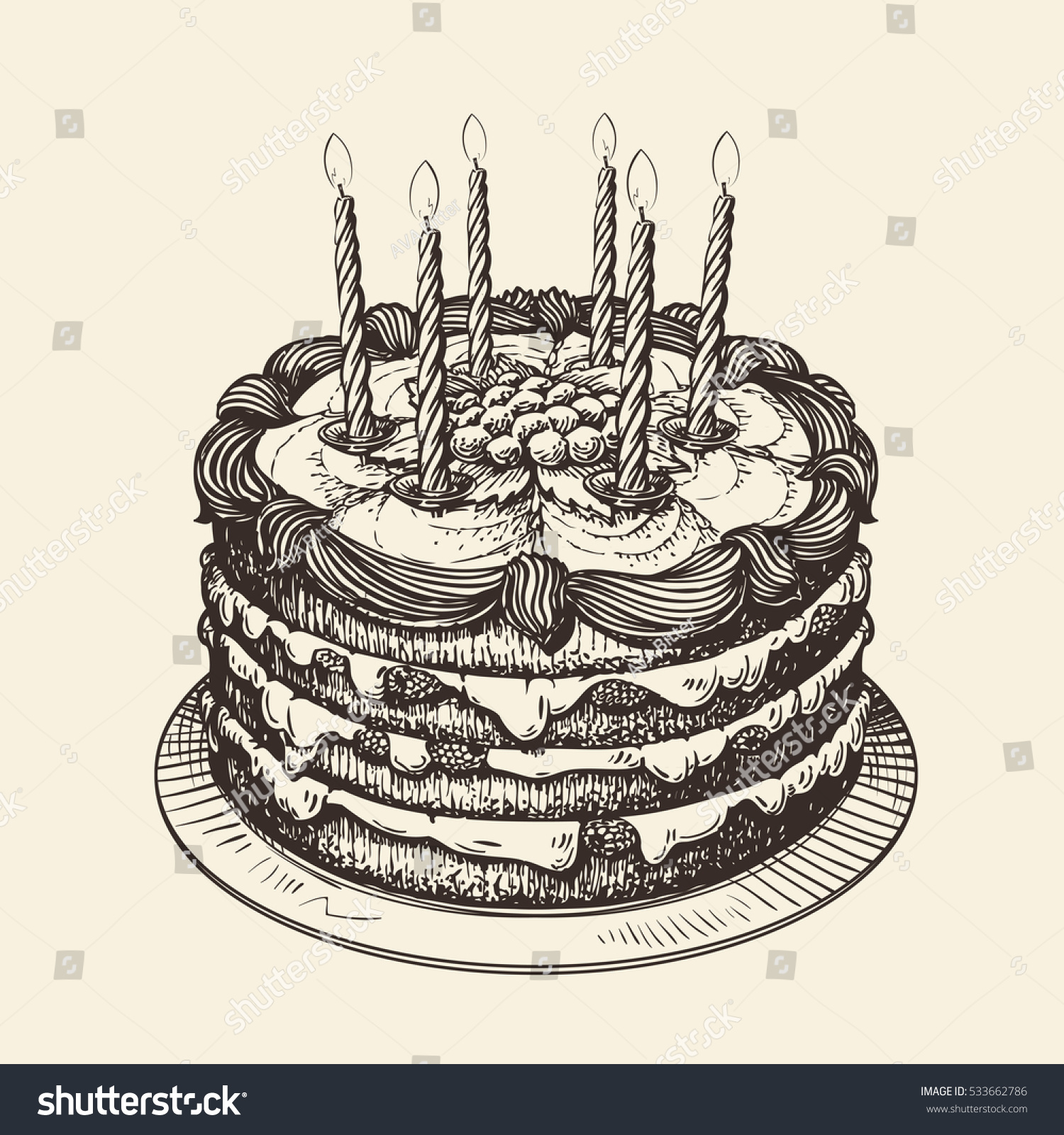 Happy Birthday Cake Burning Candles Sketch Stock Vector (Royalty Free