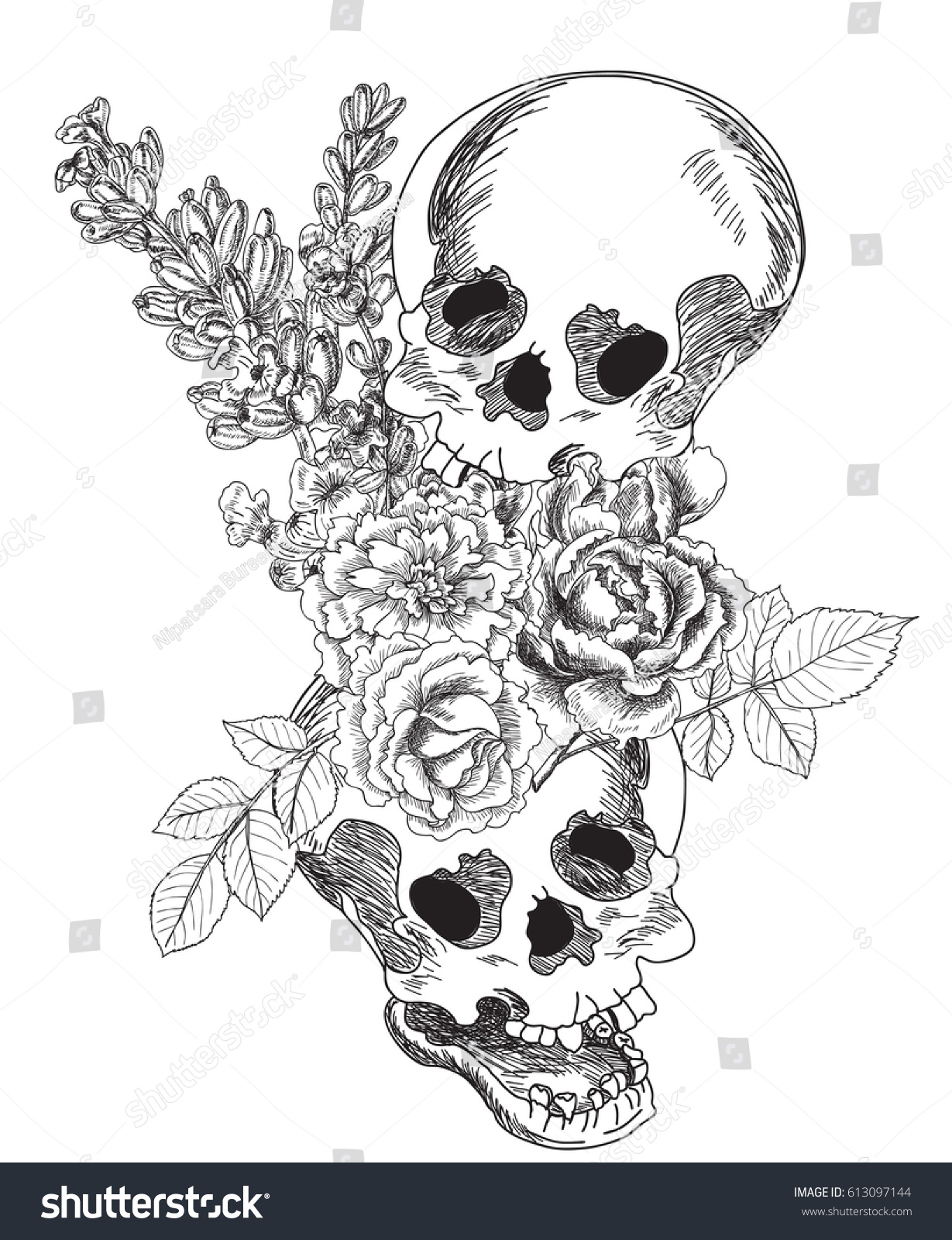 Hand Drawn Skull Flower Tattoo Design Stock Vector (Royalty Free